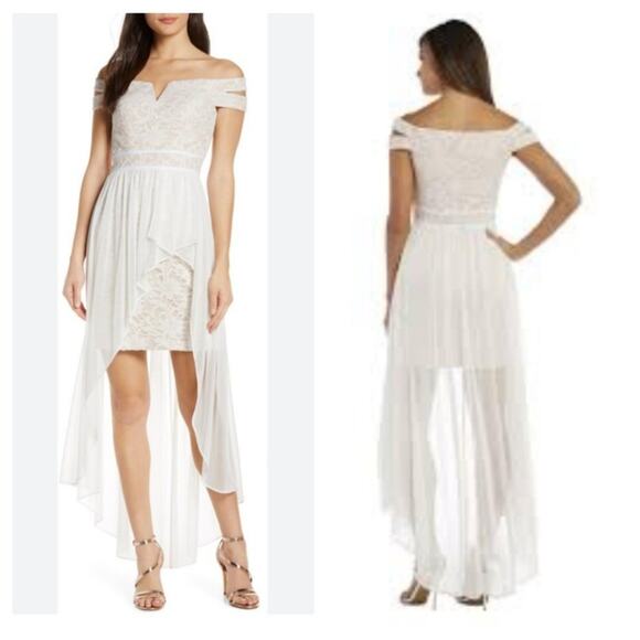 New Morgan & Co Women's Off the Shoulder Lace Chiffon Overlay Gown in Ivory Nude - Picture 1 of 10